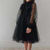 Petite Amalie Black Rose Flocked Mesh Bow Dress