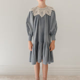 Petite Amalie Steel Blue Cord Crochet Collar Dress