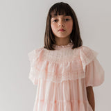 Petite Amalie Soft Peach Poppy Lace Trim Linen Dress