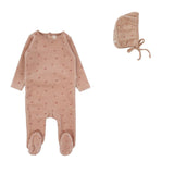 Lilette Pink Scattered Cherry Velour Footie & Bonnet Set