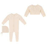 Pompomme Pearled Ivory Pointelle Knit Footie & Cardigan