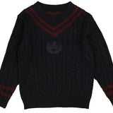 Belati Navy Wine Emblem Cable V-Neck Sweater