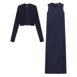 Gem Navy Cord Dress & Cardigan Set