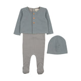 Mema Knits Dove/Oatmeal Striped Footie With Cardigan & Beanie