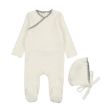 Mema Knits Cream/Dove Blue Velour Embroidered Footie Set