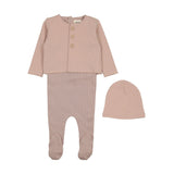 Mema Knits Dusty Pink/ Oatmeal Striped Footie With Cardigan & Beanie Set