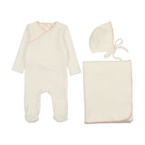 Mema Knits Cream/Pink Tint Velour Embroidered Take Me Home Set