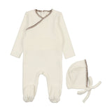 Mema Knits Cream/Mink Velour Embroidered Footie & Hat Set