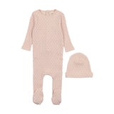 Mema Knits Pink Tint Hearts Wide Ribbed Footie & Hat Set