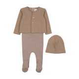 Mema Knits Mink/Oatmeal Striped Footie With Cardigan & Beanie Set