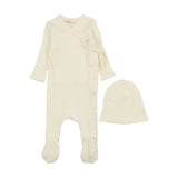 Mema Knits Cream Side Snap Ribbed Footie & Hat Set