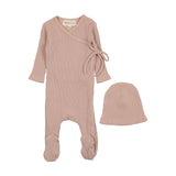 Mema Knits Dusty Pink Side Snap Ribbed Footie & Hat Set